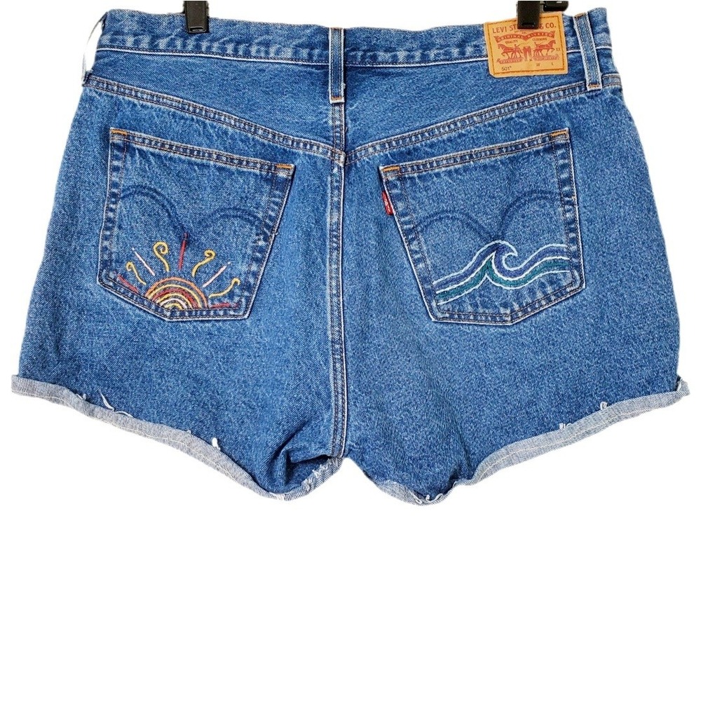 Levis 501 Denim Shorts High Waist Embroidered Sun Wave Medium Wash Cut Off Jorts